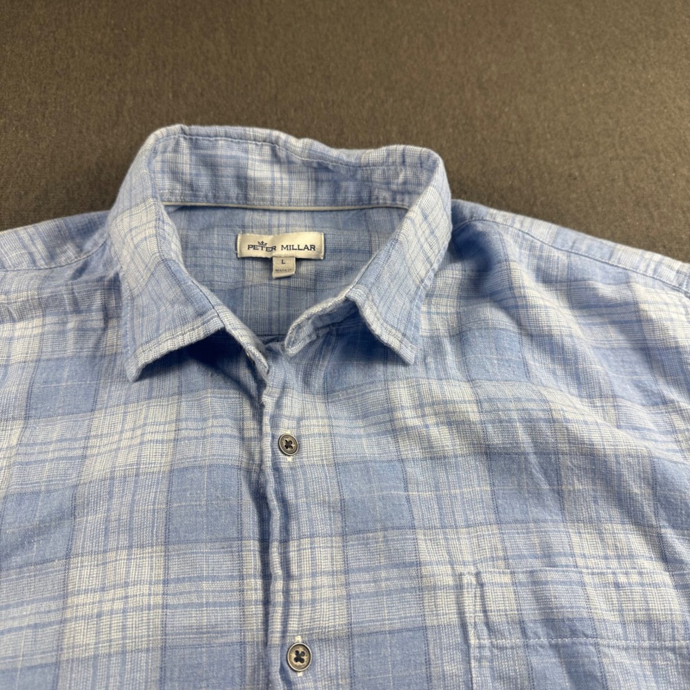 Peter Millar Mens Large Blue Plaid Cotton‎ Long Sleeve Button Down Shirt L